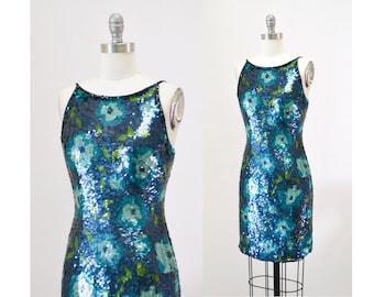 90er 00er Vintage Blau Grün Pailletten Tank Kleid XS S Metallic Kleid Blumen Muster Pailletten Party Cocktail Kurzes Tank Kleid Adrianna Pall