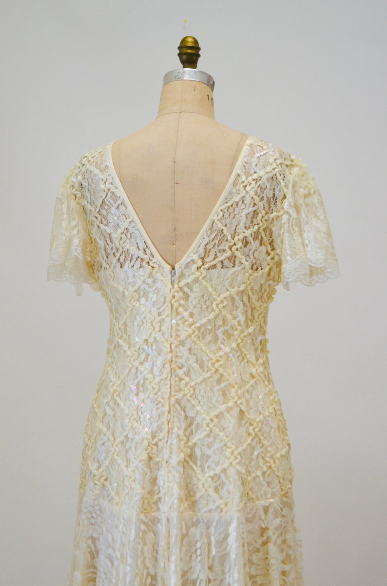 80s does 20s Vintage Lace Sequin Dress Medium Cream Off White// Vintage Sequin Lace Wedding Dress Boho Flapper Inspired Cream Lace Dress image 6