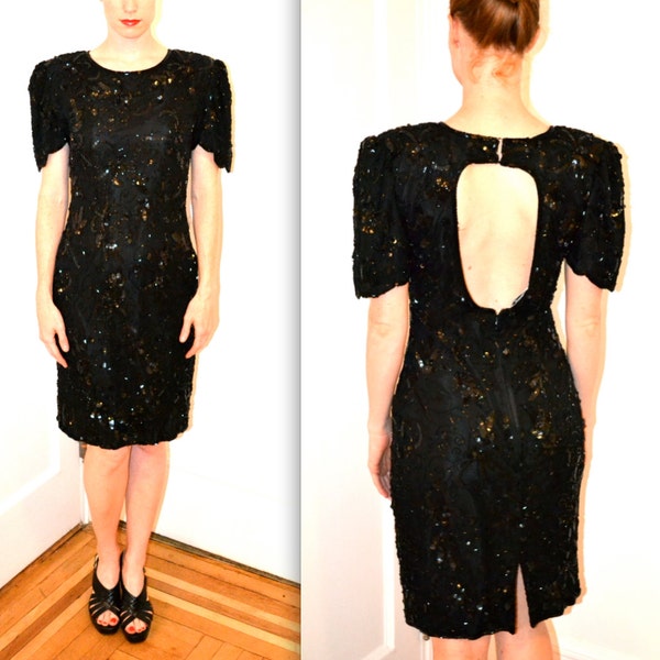 80s Black Sequin Dress Size Medium// VIntage Sequin and Beaded Dress Size Medium