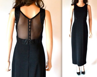 90s vintage Black Sheer Prom Dress Size Small Medium// Black 90s Illusion Dress Evening Gown Size Medium Body Con Black Sheer Long Dress