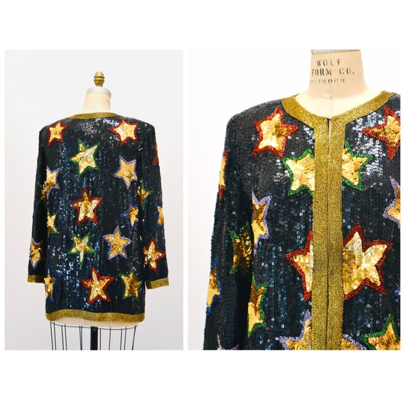 80s 90s Vintage Star Sequin Beaded Jacket Black G… - image 8