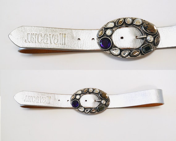 Y2K 2000s Just Cavalli Silver Leather Belt Rhines… - image 1