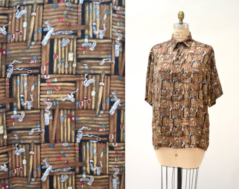 90s Vintage Nicole Miller Mens Silk Shirt Cigars Smoking Medium Mens Large Bachelor Party Fathers Day Shirt Gift mens Pop art Printed Shirt image 1