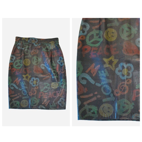 Vintage Moschino Leather Skirt Love Peace Music Smiley Face XS