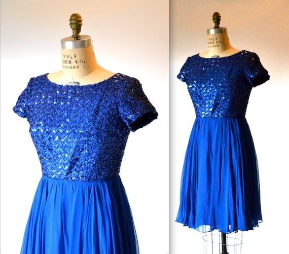 50s 60s Vintage Blue Sequin Dress Size Small Medi… - image 1