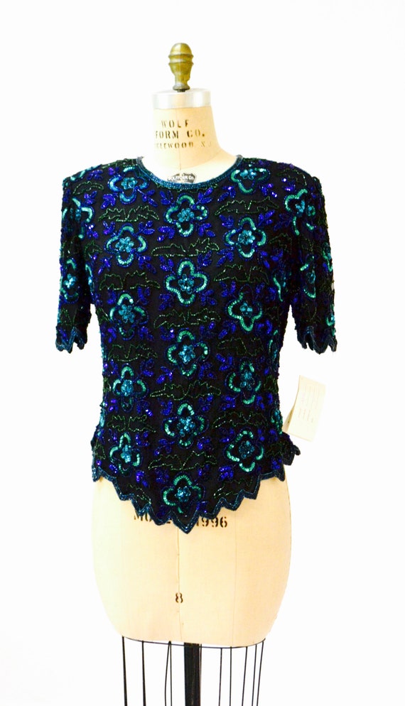 Vintage Black Sequin Shirt top Large XL Black blu… - image 2