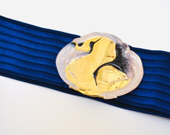 80s 90s Vintage Gold Blue Belt Buckle Blue Crane Bird Stretch Elastic Belt Blue Gold Metallic Wedding Belt Medium Large 26-35" By Charmant