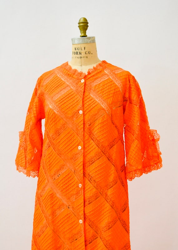 70s Vintage Orange Dress Lace Patchwork House Dre… - image 5