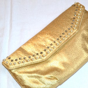 Vintage Gold metallic Clutch Purse bag Rhinestones and Pearls// Vintage Metallic Clutch// Metallic Gold Wedding Evening Bag purse clutch image 2