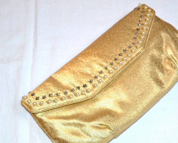 Vintage Gold metallic Clutch Purse bag Rhinestone… - image 2