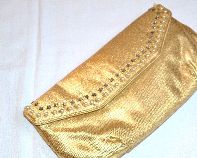 Vintage Gold metallic Clutch Purse bag Rhinestones and Pearls// Vintage Metallic Clutch// Metallic Gold Wedding Evening Bag purse clutch image 2