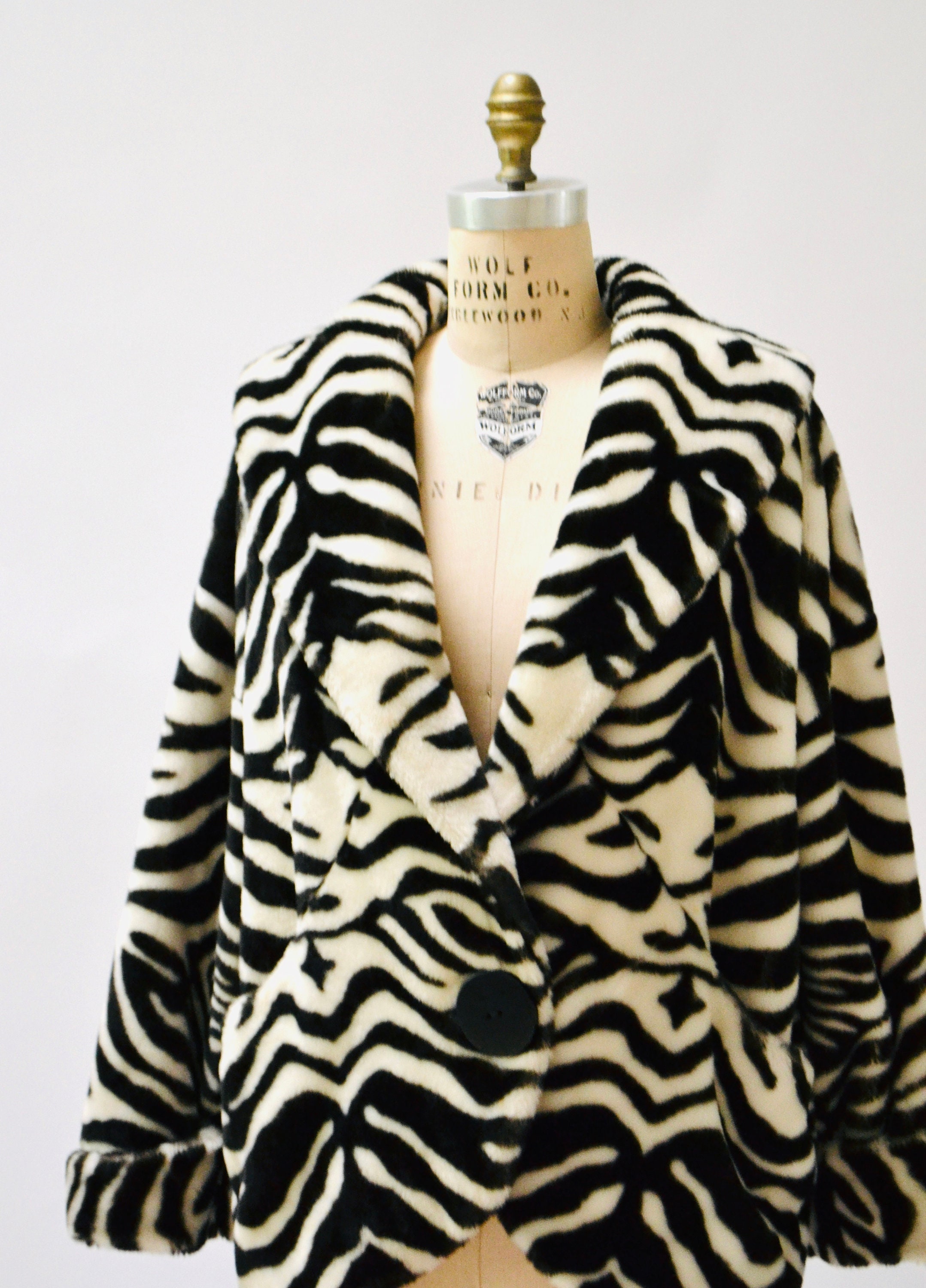80s 90s GLAM Vintage Faux Fur Jacket Zebra Stripes Jacket Coat 