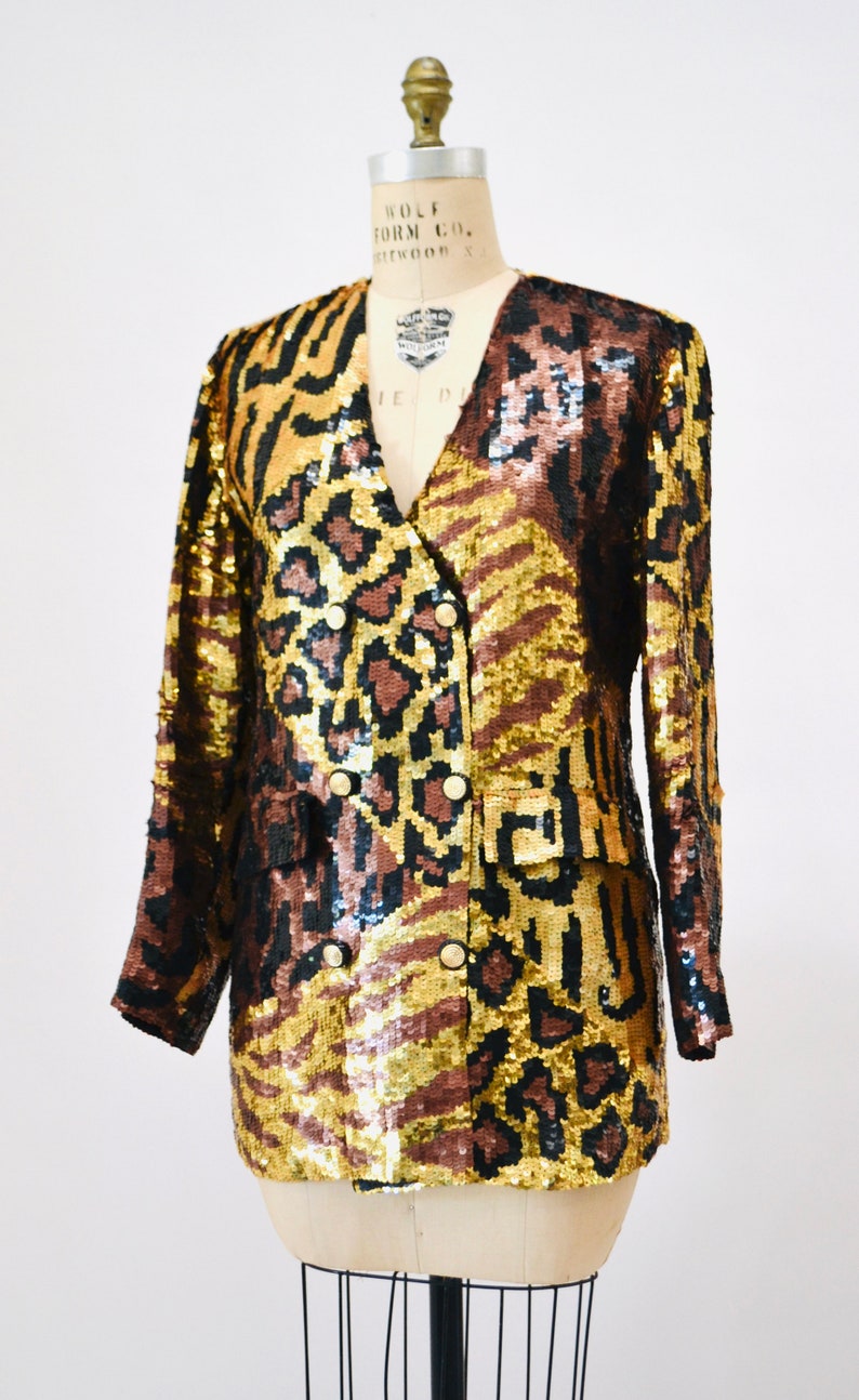 80s 90s Vintage Sequin Jacket Black Small Medium Leopard Cheetah Animal Pattern// 90s Metallic Gold Black Sequin Jacket French Collizioni image 3