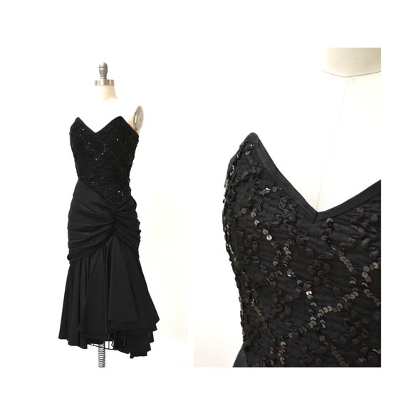 Vintage 80s Prom Dress Black Sequin Dress Evening