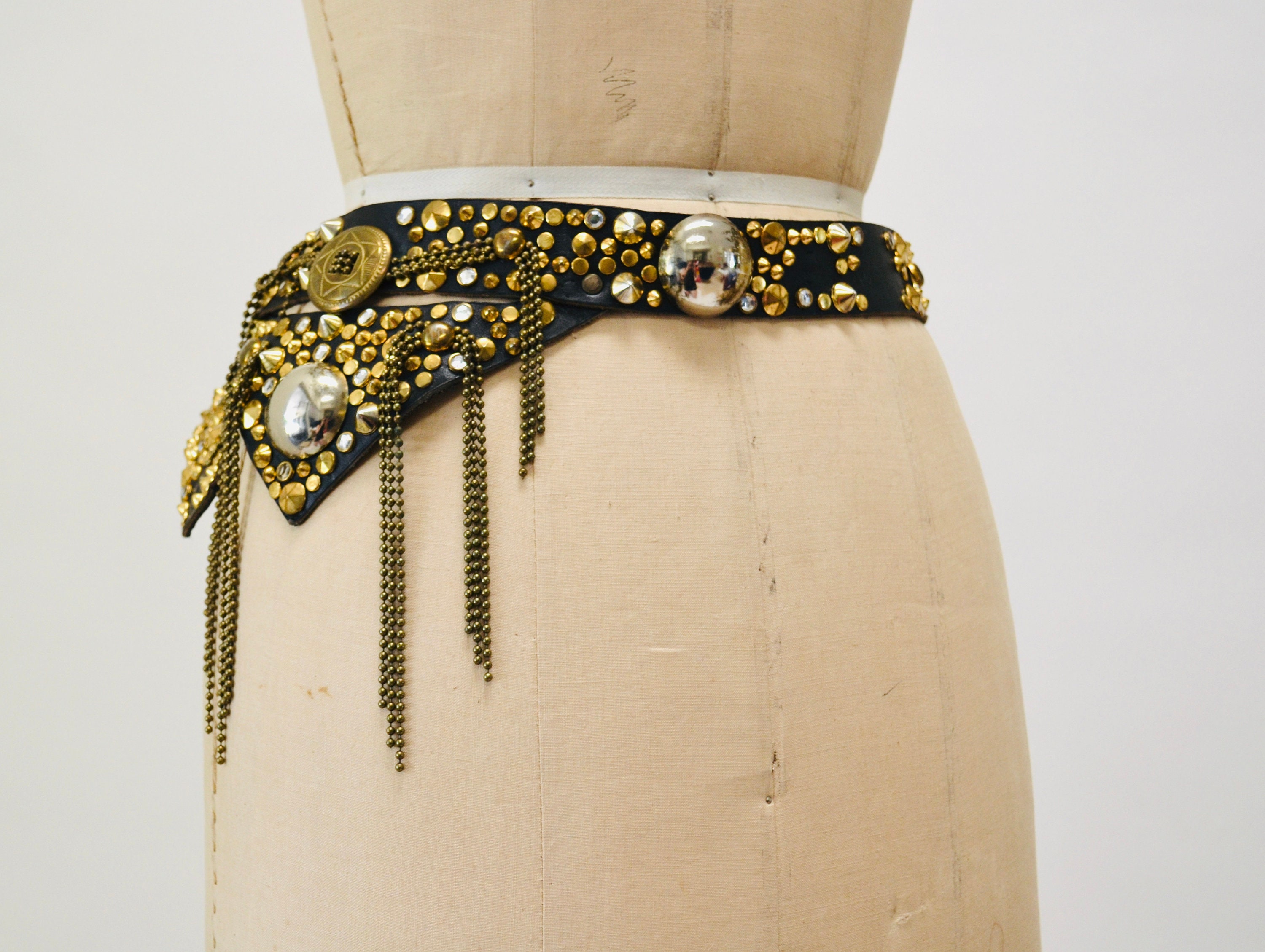 80s Vintage Black Gold Studded Rhinestone Belt by Michael