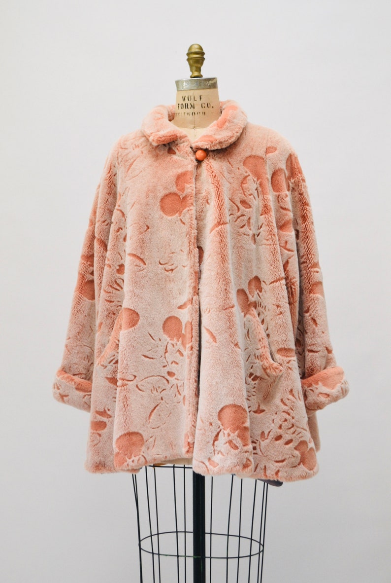 Vintage Pink Faux Fur Jacket Coat with Mickey Mouse Disney 90s Animal Print Peach Faux Fur Coat by Apparence Paris Medium Large image 3