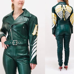 Vintage Leather Motorcycle Jacket and Pants by North Beach Michael Hoban// Vintage Green Gold Metallic Leather Moto Angel Wings Leather Suit image 2