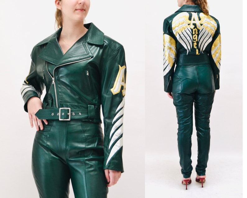 Vintage Leather Motorcycle Jacket and Pants by North Beach Michael Hoban// Vintage Green Gold Metallic Leather Moto Angel Wings Leather Suit image 2