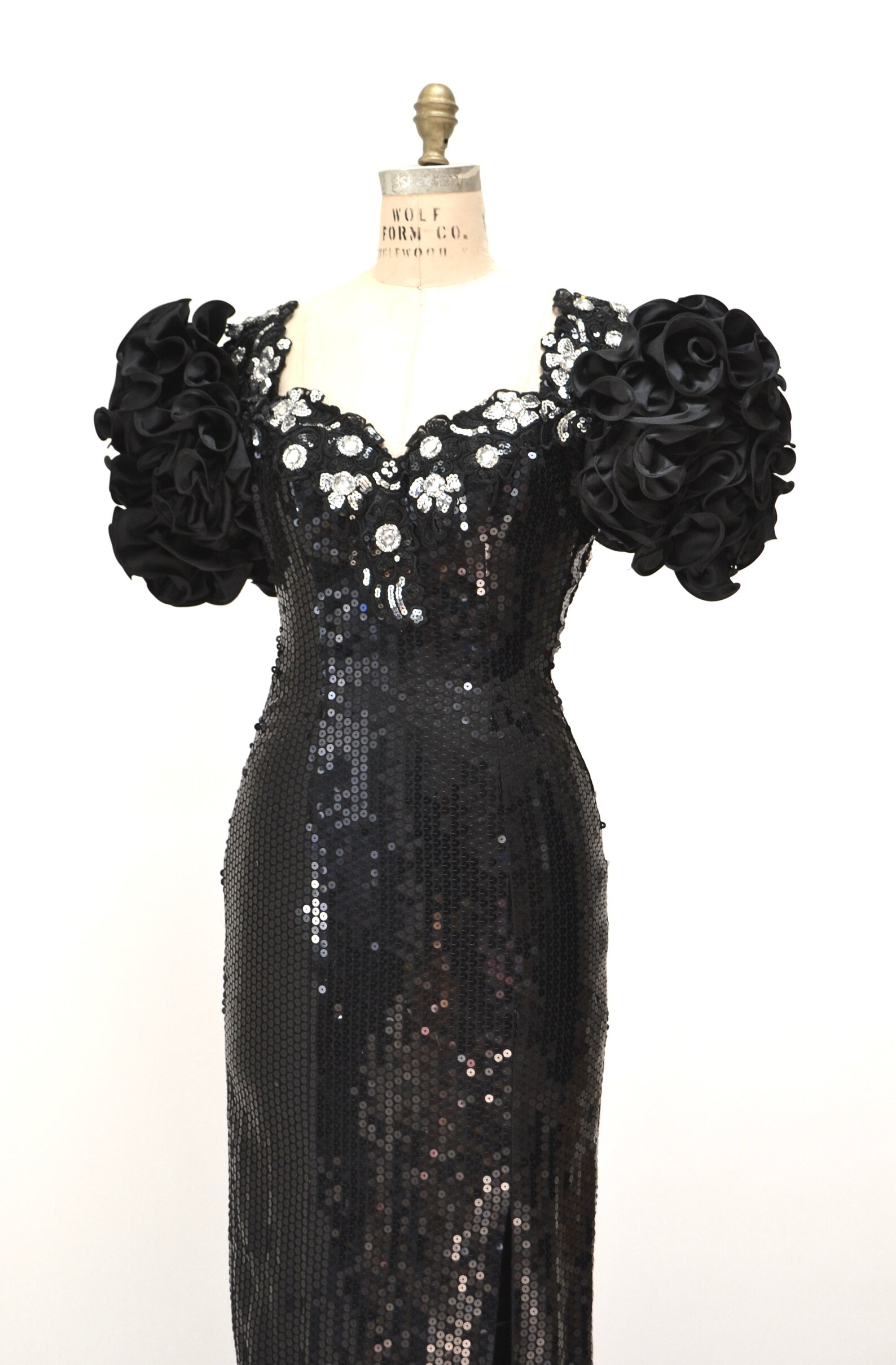 Vintage Black 80s Sequin Midi Dress Black 10 12