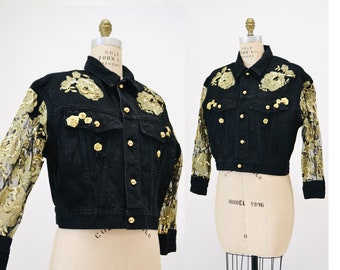 Vintage 80s 90s Black Lace Denim Jacket Black Gold Sequin Denim Jacket size Large// 90s Vintage Black Gold Lace Sequin Flower Denim Jacket