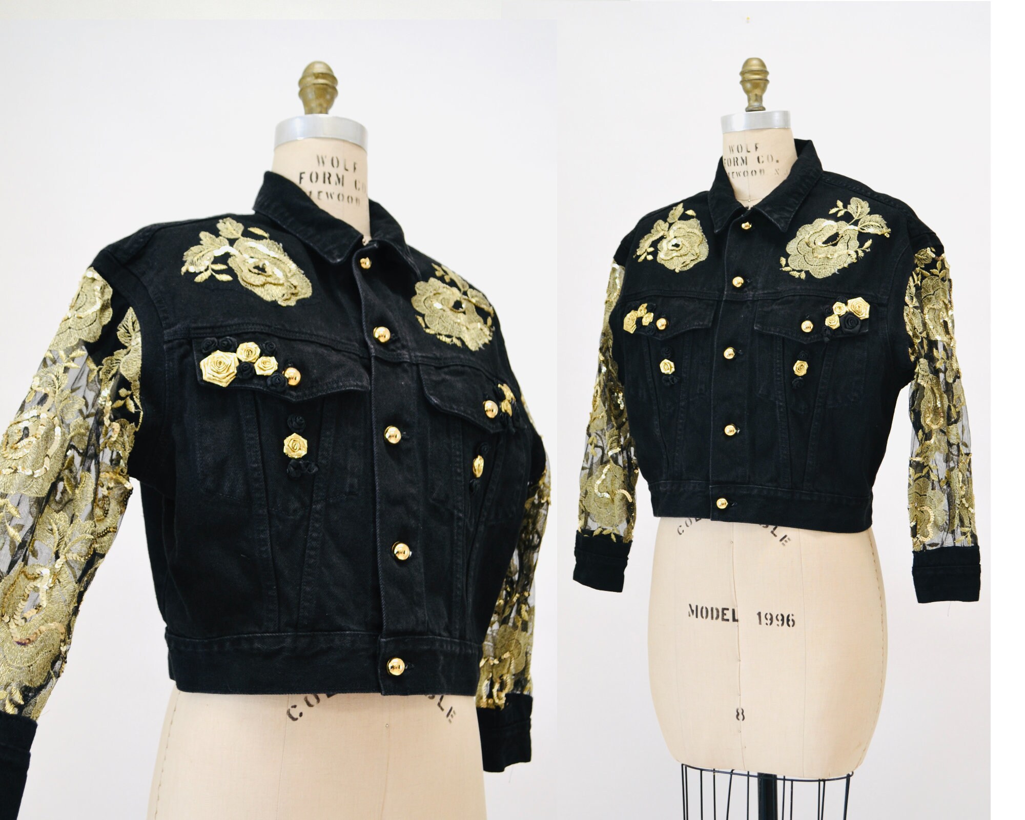 Hookedonhoney Vintage 80s 90s Black Lace Denim Jacket Black Gold Sequin Denim Jacket Size Large 90s Vintage Black Gold Lace Sequin Flower Denim Jacket