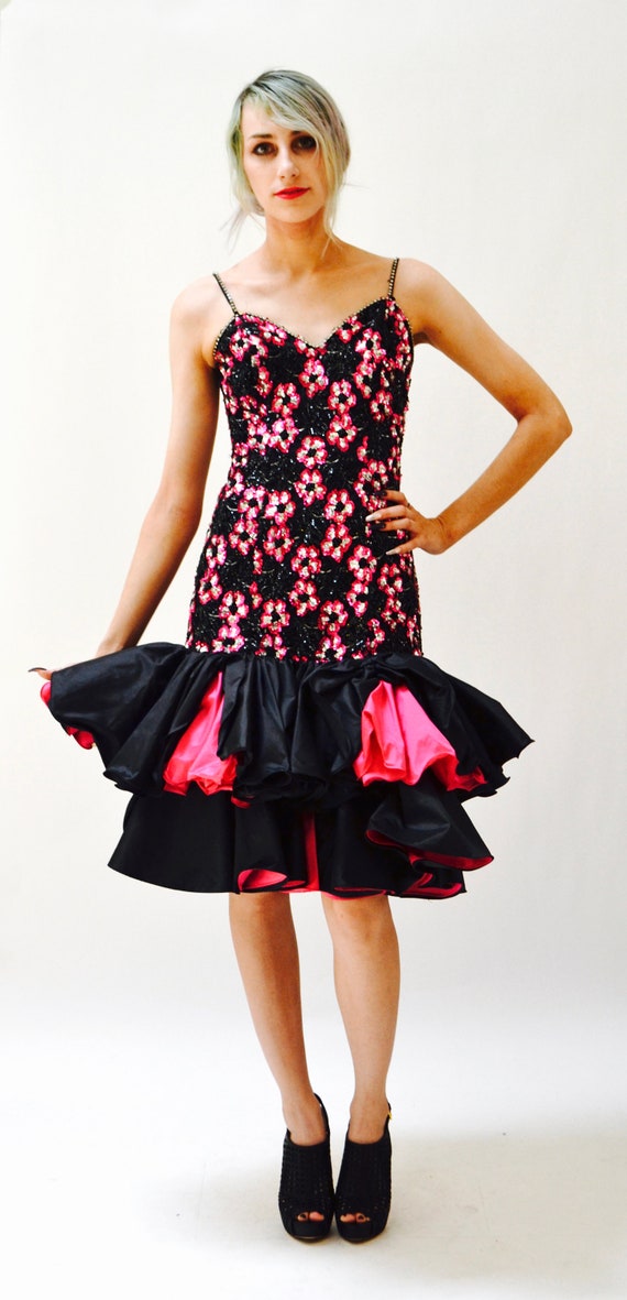 80s Vintage Prom Dress In Black and Pink XXS XS S… - image 3