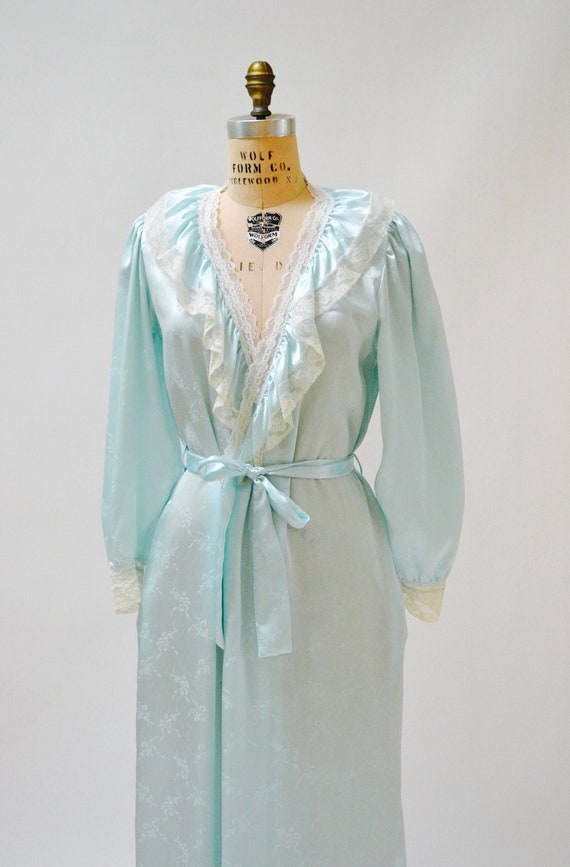 80s Vintage Blue Satin Robe Nightgown Blue lace W… - image 2