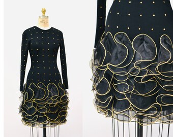 80s 90s Vintage Black Dress Long Sleeve Knit Ruffle Studded Dress XS Small// Black Knit Studded Dress By Lillie Rubin Long Sleeve XS Small