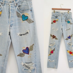 80s Vintage Leslie Hamel Jeans Pants Vintage Levis Hand painted Love Peace Denim Jeans Levis Pop Art Vintage Levis Medium Jeans Madonna image 1