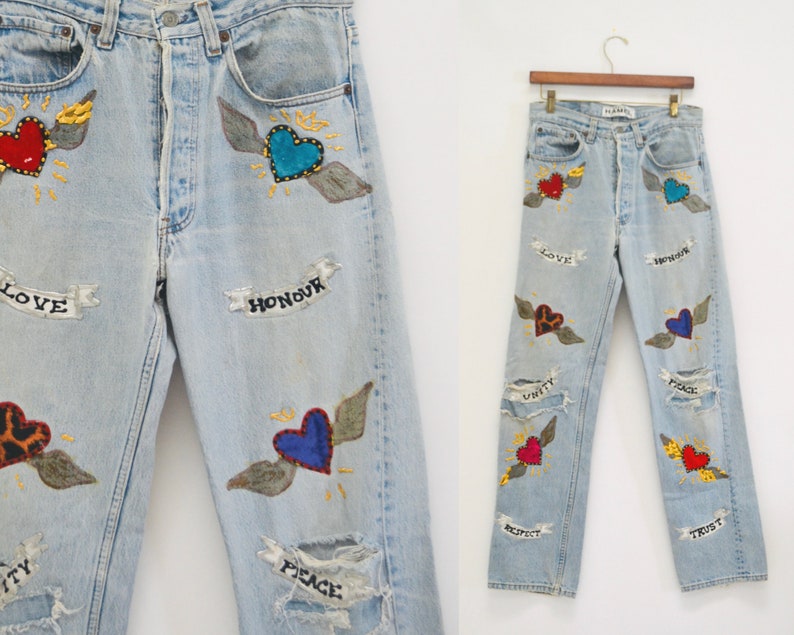 80s Vintage Leslie Hamel Jeans Pants Vintage Levis Hand painted Love Peace Denim Jeans Levis Pop Art Vintage Levis Medium Jeans Madonna image 1