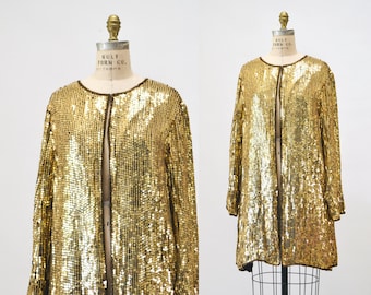 Jaqueta vintage dourada com lantejoulas, estilo anos 80/90, tamanho grande (XL) plus size // Jaqueta vintage formal dourada com lantejoulas para festas