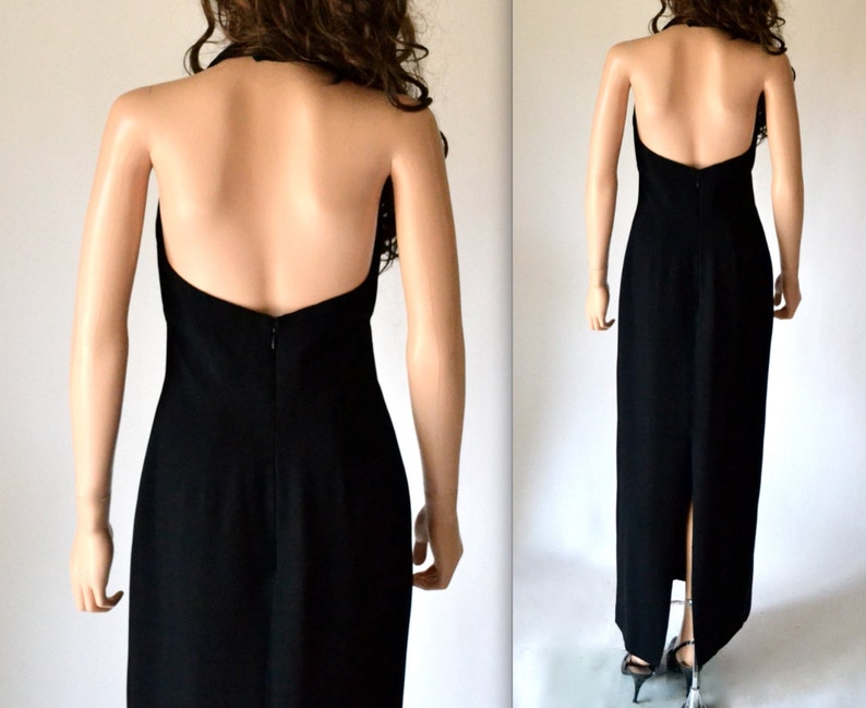 90s Vintage Evening Gown Size Small in Black By Chris Kole for Saks Fifth Avenue Halter Dress Long Black Dress image 4