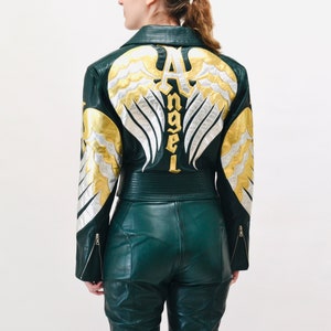 Vintage Leather Motorcycle Jacket and Pants by North Beach Michael Hoban// Vintage Green Gold Metallic Leather Moto Angel Wings Leather Suit image 3