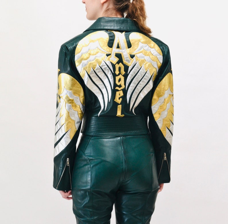 Vintage Leather Motorcycle Jacket and Pants by North Beach Michael Hoban// Vintage Green Gold Metallic Leather Moto Angel Wings Leather Suit image 3