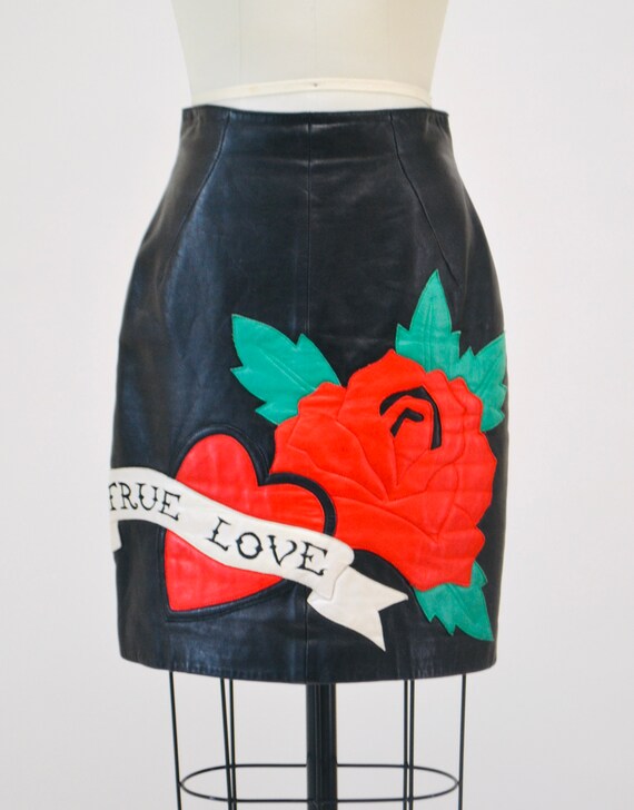 Vintage Black Leather Skirt with True Love Heart … - image 3