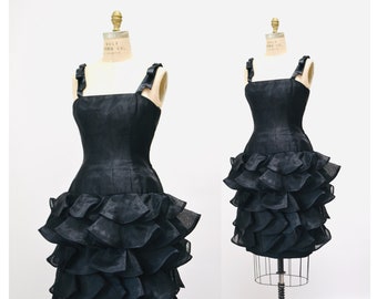 Vintage 80s Black Ruffle Party Dress by Victor Costa (Size XXS/XS)