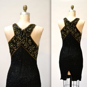 Vintage Beaded Dress Size Medium Large Black and Gold Art Deco// 90s Prom Dress Black Metallic Body Con Beaded dress Size Medium Large image 2