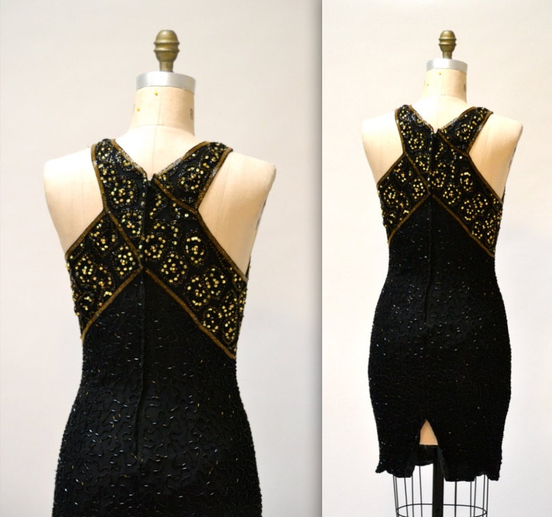 Vintage Beaded Dress Size Medium Large Black and Gold Art Deco// 90s Prom Dress Black Metallic Body Con Beaded dress Size Medium Large image 2