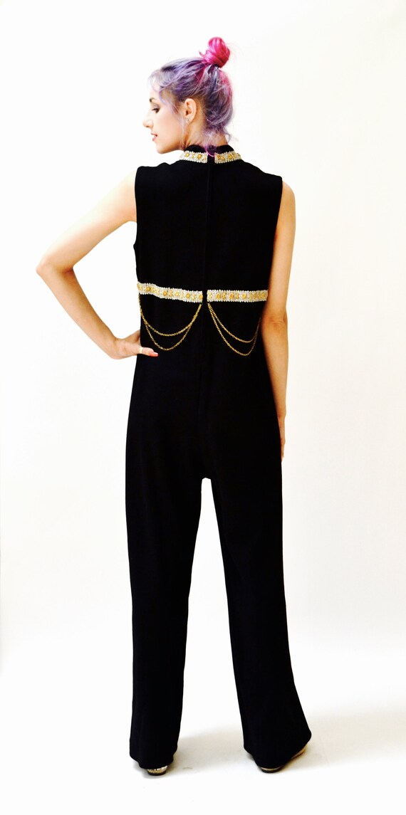 70s Vintage Black Jumpsuit Medium Large Metallic … - image 8