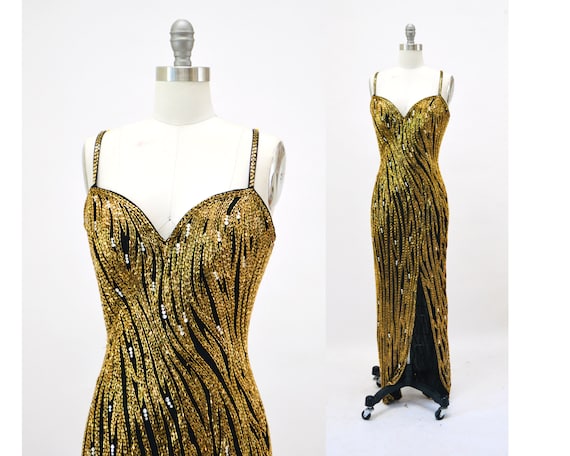 80s 90s Vintage Beaded Sequin Gown Dress by Bob Mackie Gold