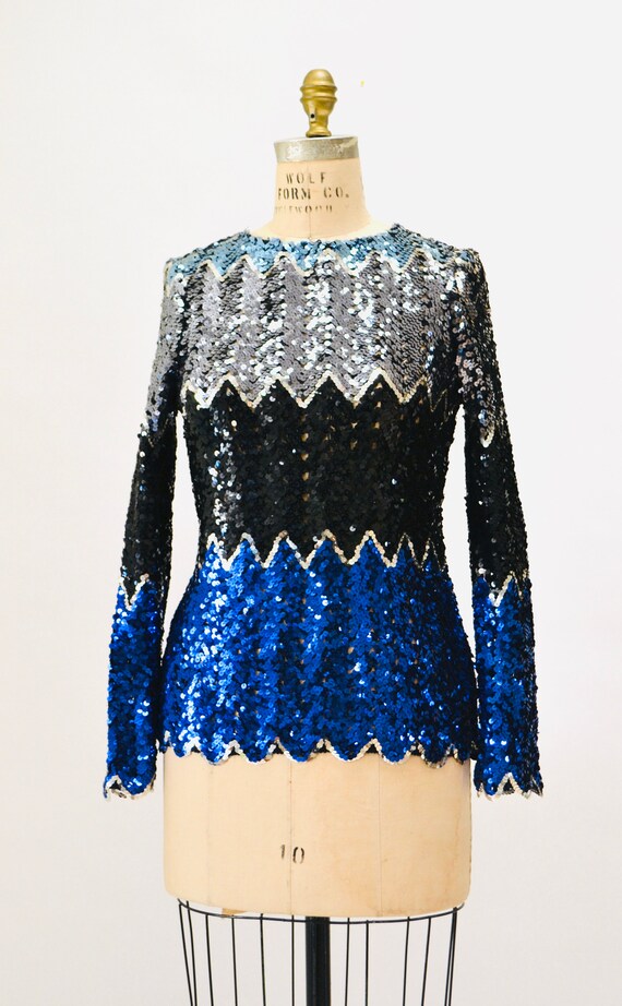 Vintage 70s 80s Blue Metallic Sequin Shirt Small … - image 4