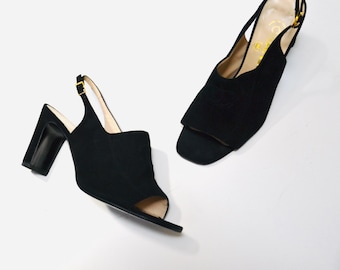 Vintage Black Chanel High Heels Size 38 1/2 Black Suede Leather Sling Back High Heels Chanel Logo High Heels 38 1/2 7 1/2 8 Made in Italy