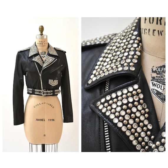 Vintage Black Leather Biker Jacket Silver Studs Rhinestones
