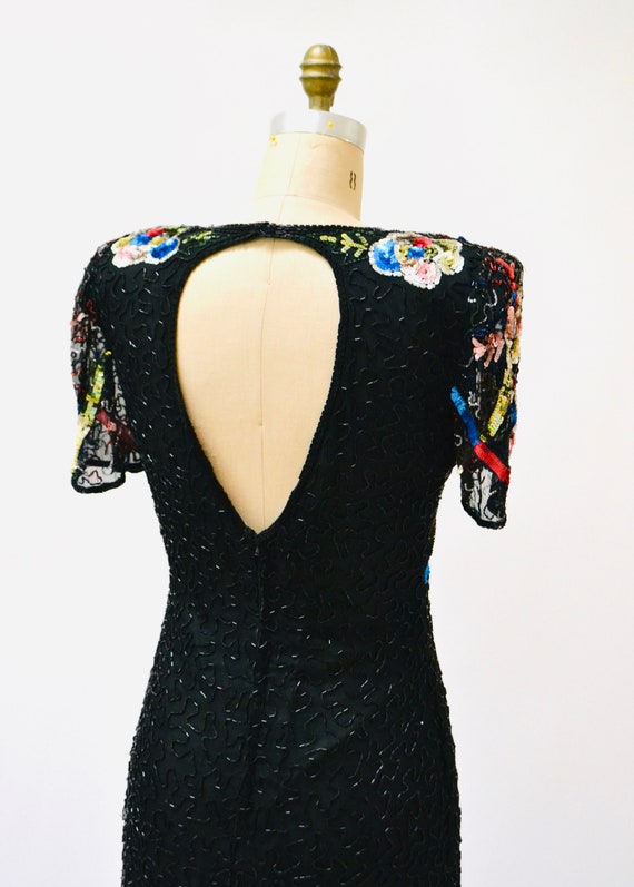Vintage Black Sequin Beaded Dress Large Flower Be… - image 8