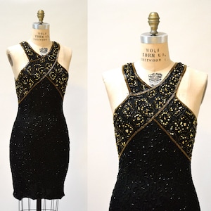 Vintage Beaded Dress Size Medium Large Black and Gold Art Deco// 90s Prom Dress Black Metallic Body Con Beaded dress Size Medium Large image 1