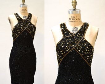 Vintage Beaded Dress Size Medium Large Black and Gold Art Deco// 90s Prom Dress Black Metallic Body Con Beaded dress Size Medium Large