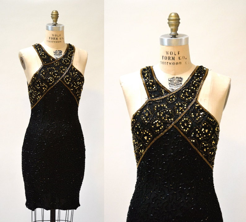 Vintage Beaded Dress Size Medium Large Black and Gold Art Deco// 90s Prom Dress Black Metallic Body Con Beaded dress Size Medium Large image 1