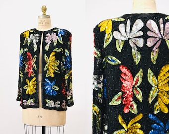 80s 90s Vintage Floral Sequin Jacket 80s 90s Garden Party Black Beaded Jacket Small Medium Black Flower Sequin Beaded Jacket 80s Glam Jacket