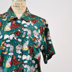90s Nicole Miller Vintage Silk Shirt Printed Chickens Coffee// Vintage Silk Chicken Bird Animal Printed Shirt Green Button Down Medium image 4