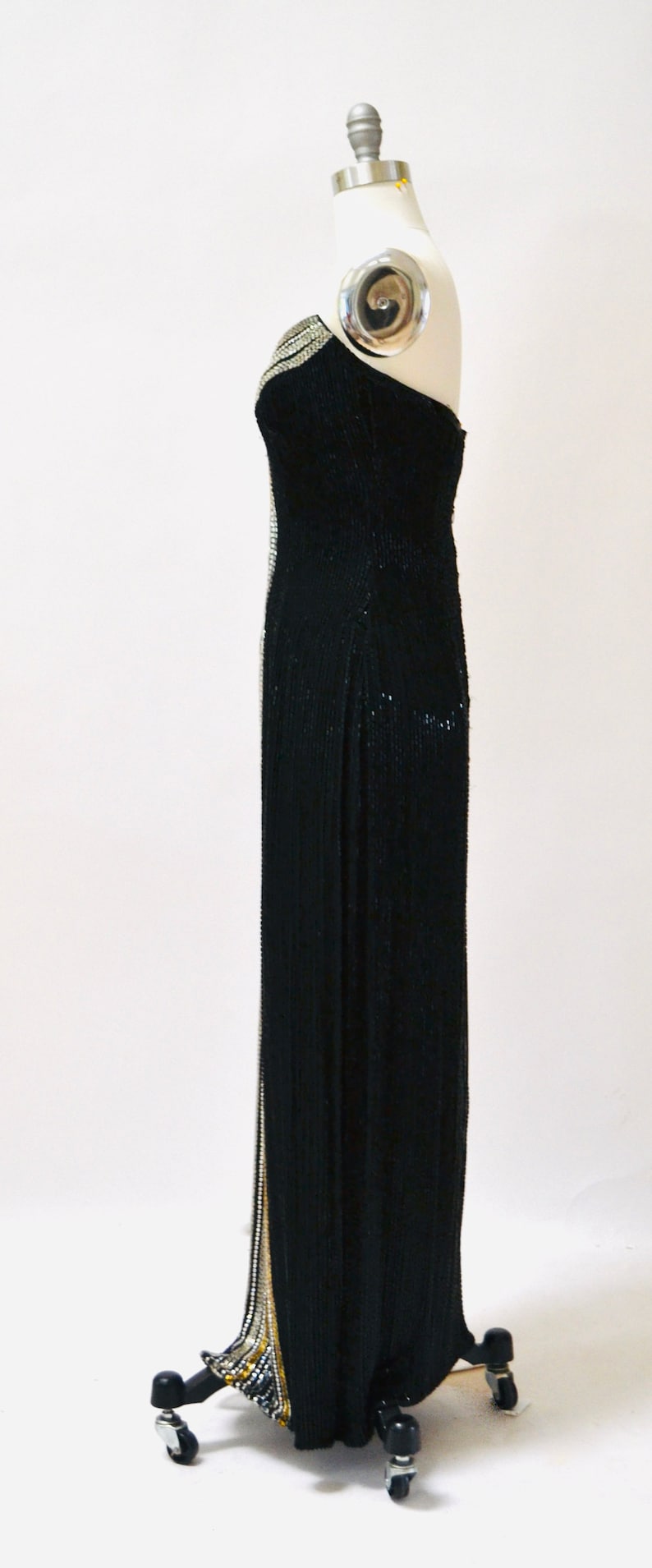 80s 90s Vintage Beaded Sequin Gown Dress By Bob Mackie Black Silver Strapless Black Beaded Gown BoB Mackie Cher Pageant Dress XS Small image 7